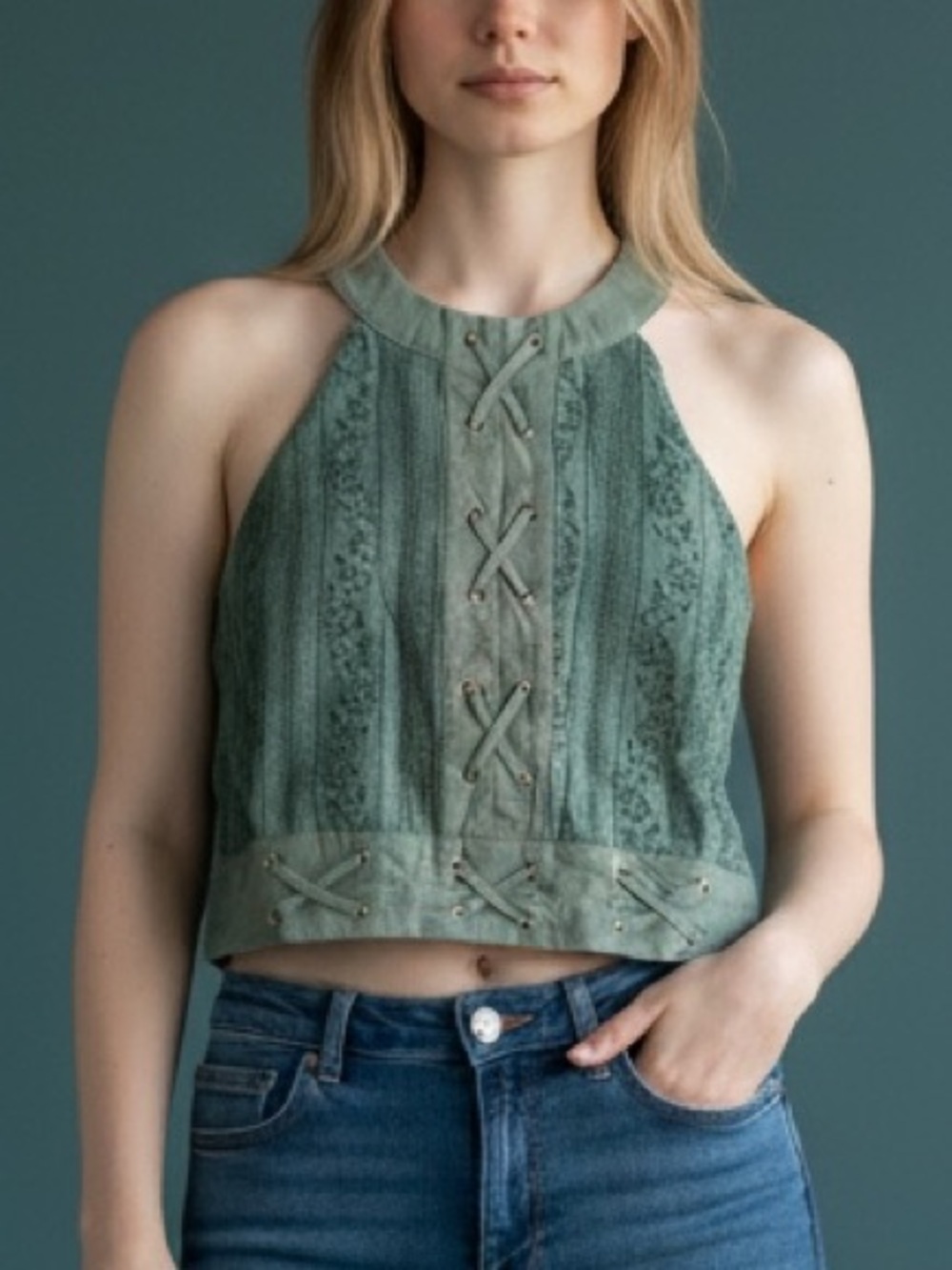 Anthropologie Sage Green Lace-Up Halter Crop Tank